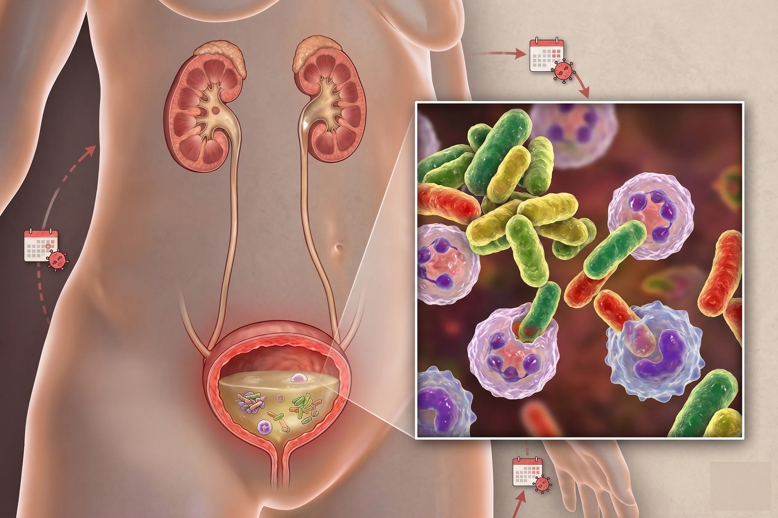 Representación de la reinfección de las vías urinarias y colonización bacteriana